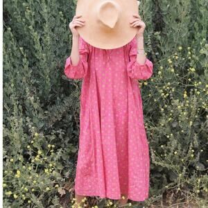 Pietsie Dress Atlin Floral Pink Cotton Long Sleeve Trapeze‎ Shift Midi Dress XS